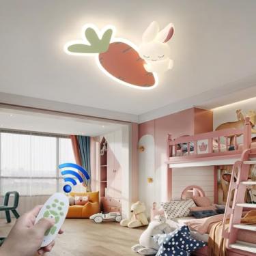Imagem de Luminária de teto infantil em formato de coelho, estilo desenho animado, moderna, com LED dimerizável e controle remoto. Ideal para decoração de quarto de bebê, cozinha, sala de estar e escr