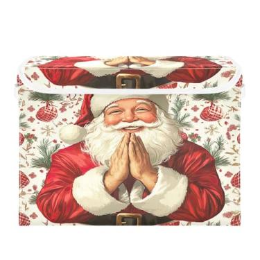 Imagem de SEHANY Linda caixa de armazenamento de Papai Noel de Natal com tampas e alças, organizador de cestas de armazenamento de tecido dobrável, caixas de armazenamento de cubos grandes para roupas, cobertor