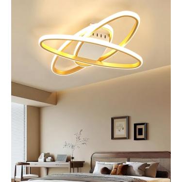 Imagem de Luminária de teto LED moderna e criativa, com intensidade regulável, para quarto, sala de estar, com design oval triplo, semi-embutida, ideal para corredor e sala de jantar (Dourada, 50cm*56