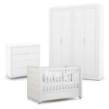 Imagem de Quarto De Bebe 4 Portas Tutto New Com Capitonê New Boucle E Gaveteiro Branco Acetinado...