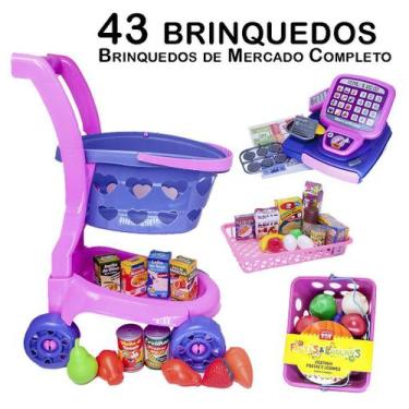 Imagem de Mercado Infantil Completo Carrinho Cesta Caixa Comida 43pç - Altimar