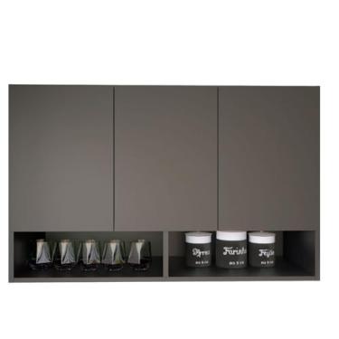 Imagem de Armário Suspenso de Cozinha Moderno, 3 Portas, Prateleiras Abertas, Branco e Preto (Preto)