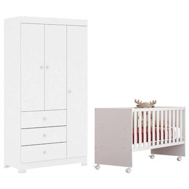 Imagem de Berço Nacional Doce Sonho 3540 com Guarda Roupa Duda 3 Portas Branco Brilho - Phoenix Baby
