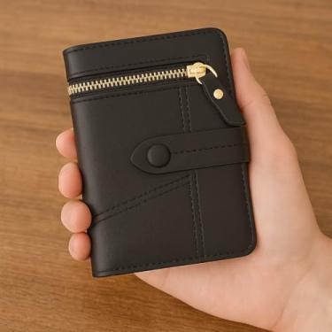 Imagem de Carteira feminina de couro PU com três dobras – porta-cartões de grande capacidade com bolso com zíper para moedas e compartimentos para identidade, Preto