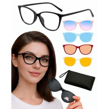 Imagem de 1 Armação De Óculos Feminino Sem Grau + 5 Lentes Clip On De Sol Para T