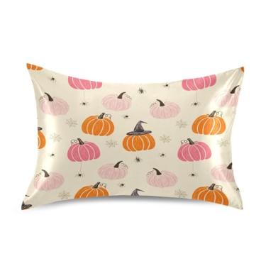 Imagem de Wassud Fronha de cetim para cabelo e pele Halloween Abóboras Capas de almofada de seda suave Queen Size respiráveis com fecho de envelope