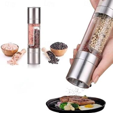Imagem de Conjunto de moedor de sal e pimenta de aço inoxidável 2 em 1 com cabeça dupla, moedor manual de sal e pimenta moedor de sal e pimenta moedor de sal recarregável moedor de sal marinho moedor de pimenta