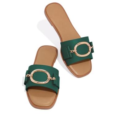 Imagem de Coutgo Sandália feminina de dedo quadrado elegante verão salto baixo grande corrente de metal sem cadarço chinelos de festa sapatos, Verde, 41