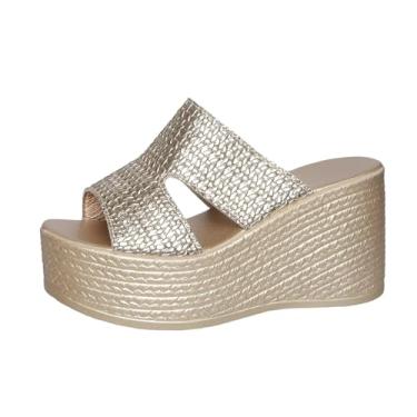 Imagem de Sandálias femininas de salto plataforma com bico redondo, chinelos confortáveis para primavera, Dourado, 35