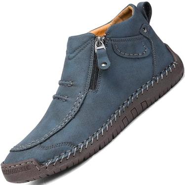 Imagem de Botas masculinas de cano alto mocassins Chelsea couro casual vestido masculino branco cáqui marrom preto azul tamanho bota masculina formal oxford, Azul, 45