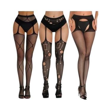 Imagem de Meias-calças Femininas Sensuais De Rede Até a Coxa, 3 Peças, Com Padrã