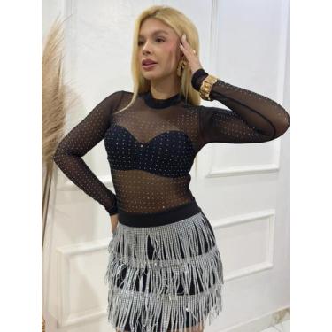 Imagem de Body bruna marquezine manga longa tule transparente com aplique de ped