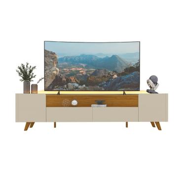 Imagem de Rack Para Sala Off White Com Naturale Com Led E Pes De Madeira Infinity 2.3 - Gelius Móveis