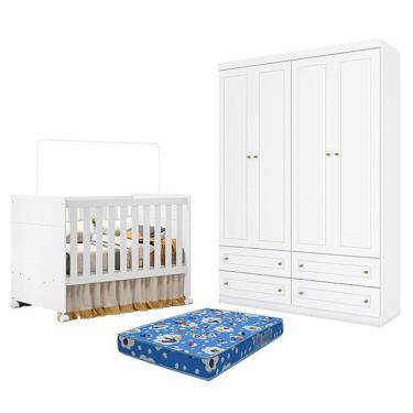Imagem de Berço Americano Katatau Branco Acetinado - Reller e Guarda Roupa Infantil Americano 4 Portas Branco HP e Colchão Ortobom - Henn