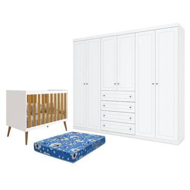 Imagem de Berço Americano Isis Branco Acetinado Savana - Reller e Guarda Roupa Casal Americano 6 Portas Branco HP e Colchão Ortobom - Henn