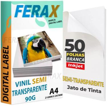 Imagem de Adesivos Vinil Semi Transparente Jato Tinta A4 - 50 Folhas - FERAX, Br