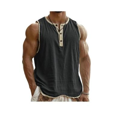 Imagem de Camiseta Sem Mangas Masculina Leve E Respirável Com Gola Henley Casual