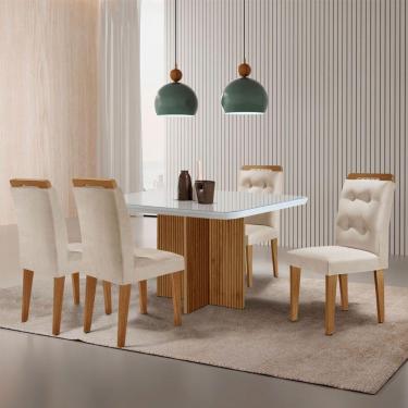 Imagem de Mesa De Jantar Olímpia 90cm Mdf Vidro 4 Cadeiras Carol Veludo Creme/off White/imbuia
