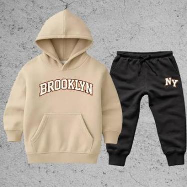 Imagem de Conjunto Infantil Moletom Brooklyn Inverno Moleton Blusa com Capuz Calça Moletom NY Quentinho-Unissex
