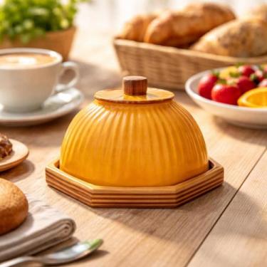 Imagem de Queijeira Cloche Pequena Octagonal Madeira Cerâmica Canelada - Luggari