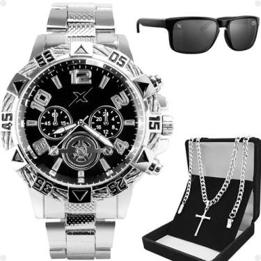 Imagem de Relogio Aco Masculino + Oculos UV Protecao + Cordão Cruz casual grande