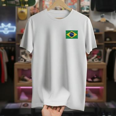 Imagem de Camiseta Masculina Branca Brasil Bandeira Orgulho Nacional Camisa Patriota Estilo Casual-Masculino