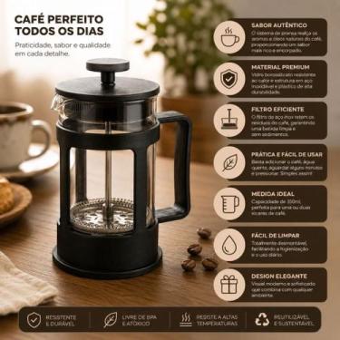 Imagem de Prensa Francesa Café Chá 350ml Vidro Aço Inox Preto com Filtro Permane