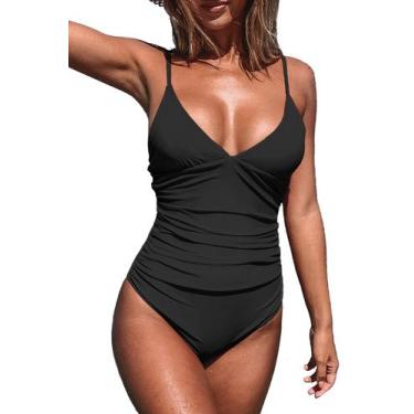 Imagem de Maiô CUPSHE de Uma Peça com Decote V e Controle de Barriga Preto Taman