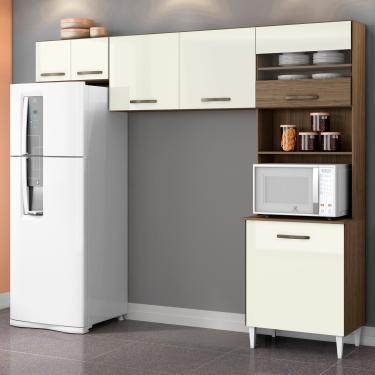 Imagem de Cozinha Compacta Aramóveis Harmonia com 6 Portas e 4 Prateleiras - 226cm de largura - Âmbar TX/Off White