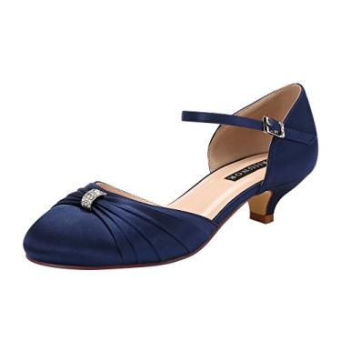Imagem de ERIJUNOR Tênis de casamento feminino confortável salto baixo fivela tira no tornozelo tingível cetim noiva, Azul marino, 10.5