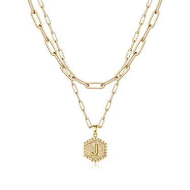 Imagem de M MOOHAM Colares delicados com inicial para mulheres – Colar em camadas para mulheres, lindo colar de letra hexagonal com inicial e colar em camadas para presentes femininos, 18 IN, Latão, Sem Pedra