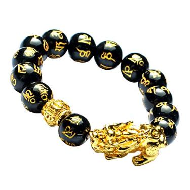 Imagem de Pulseira de contas de mantra preta esculpida à mão Feng Shui de 14 mm com 1 Pi Xiu/Pi Yao dourado e 1 conta de mantra dourada para atrair sortudos ricos