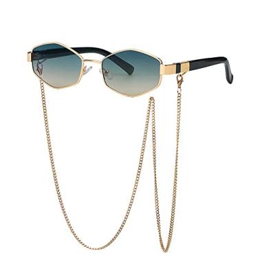 Imagem de Óculos de Sol Quadrado Pequeno Corrente Irregular Para Mulheres Óculos de Sol com Corrente Gradiente Óculos de Liga Feminina Uv400, ouro verde amarelo, Sem Estojo