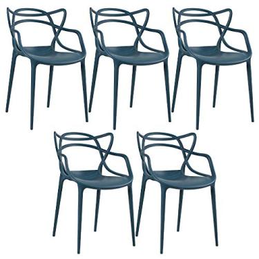 Imagem de Loft7, Conjunto Kit 5 Cadeiras Design Allegra Polipropileno Injetado Alta Densidade Empilhável Sala Cozinha Jantar Bar Jardim Varanda Azul Petróleo