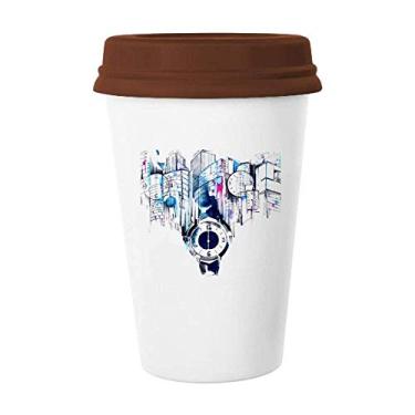 Imagem de Relógio de construção moderno da cidade em aquarela, caneca de café para beber vidro, cerâmica, tampa de copo