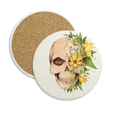 Imagem de Porta-copos de cerâmica com ilustração de esqueleto de flor e porta-copos com pedra absorvente para bebidas, presente de 2 peças