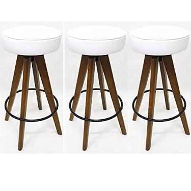Imagem de Kit 3 Banquetas Bar Alta Base Madeira Giratória Assento Branco - Poltronas do Sul