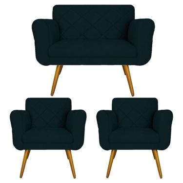 Imagem de Jogo Namoradeira e 2 Poltrona Decorativa Para Recepção Isabella Suede Azul Marinho - LM DECOR