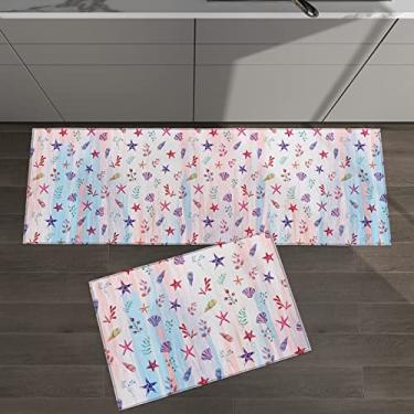 Imagem de Conjunto de 2 tapetes de cozinha estrela-do-mar concha folhas flor ombré coral azul para tapetes acolchoados no chão tapetes e tapetes antiderrapantes absorventes corredor confortável tapete de pé