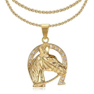 Imagem de NEGS Colar de aço inoxidável com pingente de cavalo da sorte, 2 peças, correntes de 50,8 cm, em camadas, hip hop, ferradura, joias, presente de animal para homens e mulheres, Aço inoxidável, Zircônia