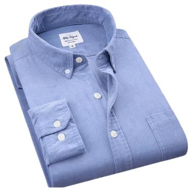 Imagem de BoShiNuo Camisa masculina de veludo cotelê de algodão quente outono inverno manga comprida camisa casual inteligente para homens confortáveis, Azul claro, P