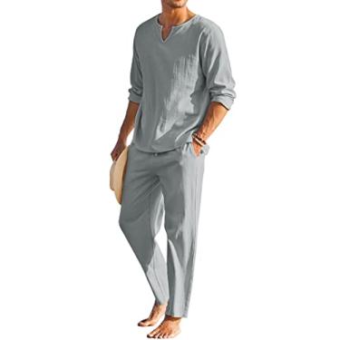 Imagem de COOFANDY Conjunto masculino de 2 peças de algodão e linho Henley camisa manga longa e calça de praia casual roupas de ioga de verão, Cinza, 4G