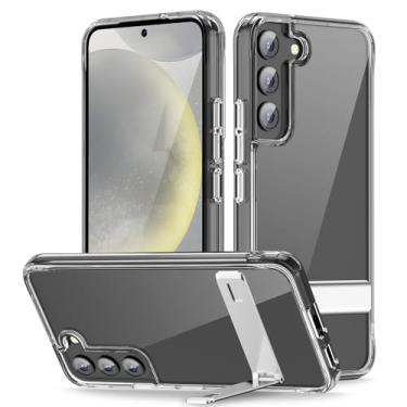 Imagem de oakxco Capa com suporte para Samsung Galaxy S24 transparente de metal embutido, plástico rígido transparente e silicone TPU borda macia capa protetora para celular, fina e fina à prova de choque para