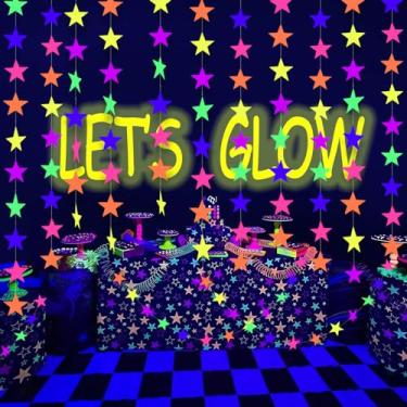 Imagem de Guirlanda de papel neon estrela de 32,88 m, material de festa, flâmulas neon para acessórios de festa com luz negra, faixa de papel estrela fluorescente reativa UV para artigos e decorações de festa