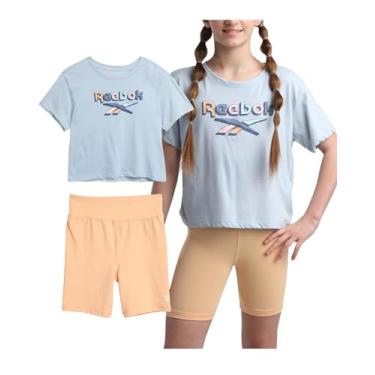 Imagem de Reebok Conjunto de shorts ativos para meninas – 2 peças de camiseta de desempenho de ajuste seco e shorts de bicicleta – Roupas esportivas de verão para meninas (7-12), Brilho pêssego, 8