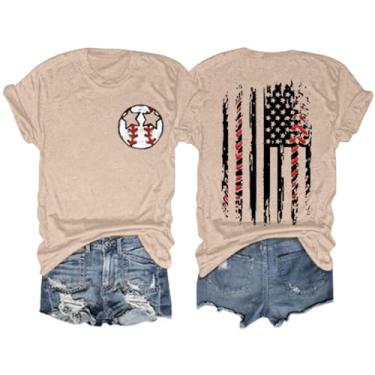 Imagem de Camisetas femininas de verão com estampa de beisebol, caimento solto, manga curta, gola redonda, blusa casual de beisebol, Bege, M