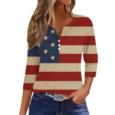 Imagem de Camiseta feminina verão dia da independência bandeira dos EUA vermelho branco azul listrado blusas 4th of July Henley Shirt, Azul claro, M