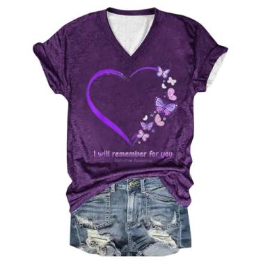 Imagem de Camisetas femininas de conscientização de Alzheimer, roxa, floral, estampadas, soltas, verão, gola V, manga curta, blusas casuais, Z15 - roxo, GG