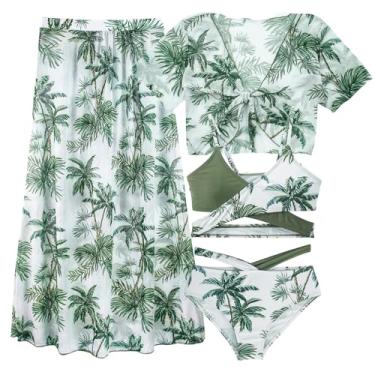 Imagem de Panegy Conjunto de biquíni de 4 peças para meninas com camisa curta, saia longa, roupa de banho floral, roupa de banho para 8 a 12 anos, Verde, 10 Years
