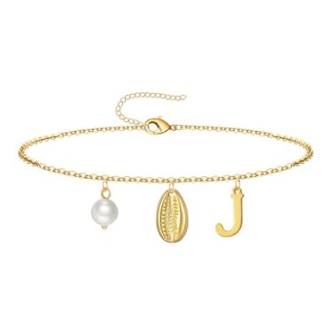 Imagem de QILMILY Tornozeleira feminina banhada a ouro 14 K, impermeável, com inicial, joias de verão, presentes para mulheres e adolescentes, letra J, 9inch, Sem Pedra Preciosa